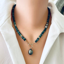 Load image into Gallery viewer, Green Emerald and Tahitian Black Baroque Pearls Toggle Necklace, Gold Filled, May Birthstone, 18.5&quot;inch
