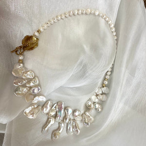 Asymmetrical White Petal Pearls Necklace, GP Leaf Toggle Clasp, 21" – Handmade in Canada