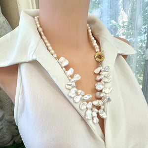 Asymmetrical White Keshi Pearls Necklace, GP Palm Leaf Toggle Clasp, 25" – Handmade in Canada