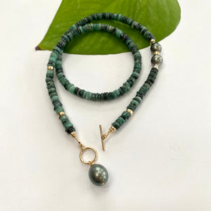 Green Emerald and Tahitian Black Baroque Pearls Toggle Necklace, Gold Filled, May Birthstone, 18.5"inch