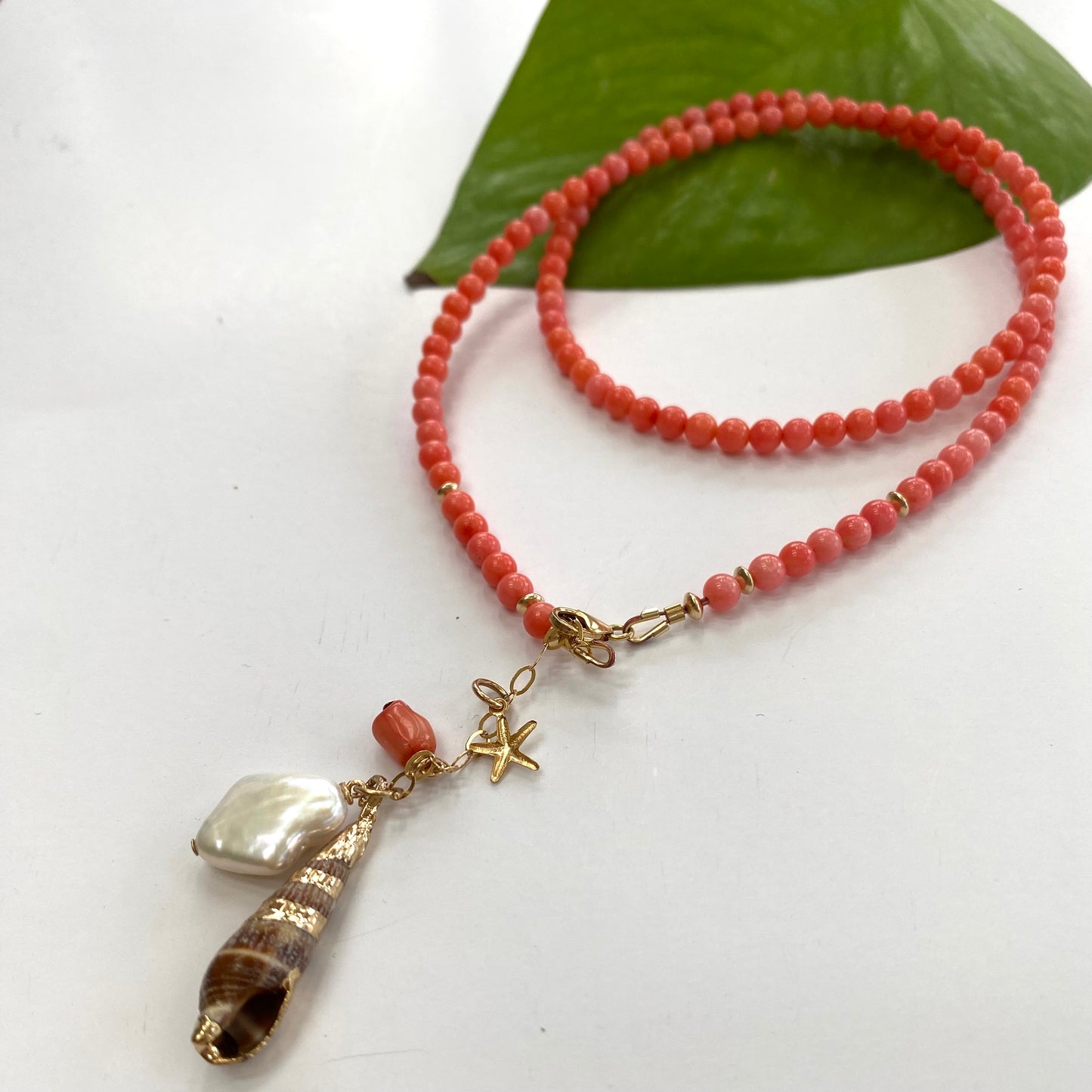 Pink Coral Necklace with a Tiny Starfish, Pearl & Shell Charm