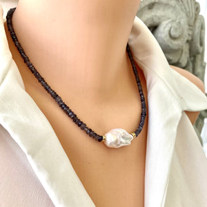 Denim Blue Gemstone Necklace with Baroque Pearl Focal