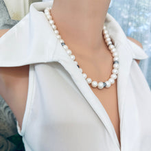 Charger l&#39;image dans la galerie, White Pearls Necklace w Zircons Pave Rondelle, Gunmetal Over Sterling Silver, 20&quot;in
