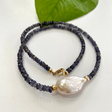Charger l&#39;image dans la galerie, Denim Blue Iolite and Baroque Pearl Beaded Necklace, Gold Filled Details, 18&quot;inches
