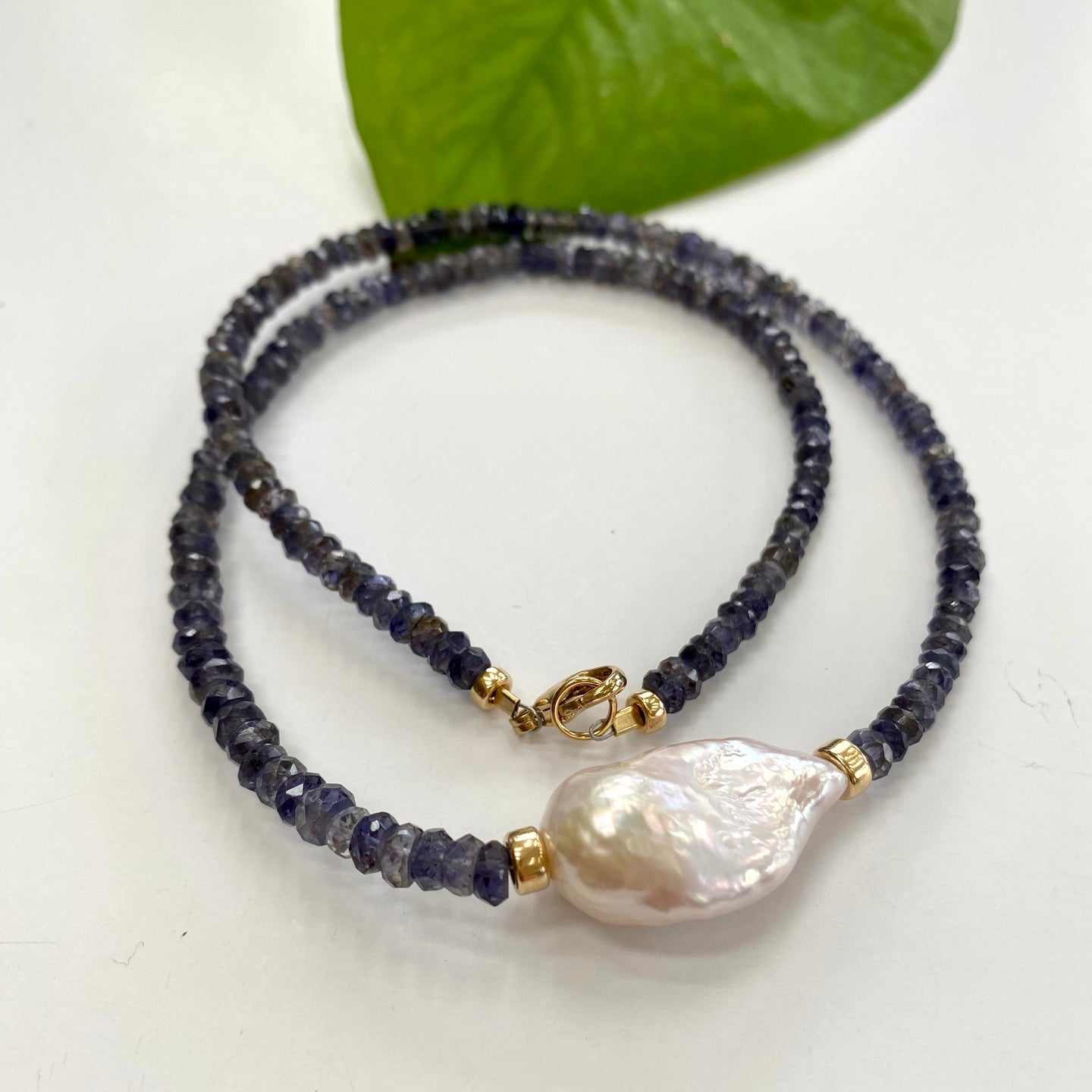 Denim Blue Iolite and Baroque Pearl Beaded Necklace, Gold Filled Details, 18