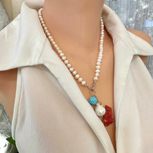 Lade das Bild in den Galerie-Viewer, Hand Knotted Freshwater Pearl Necklace with Baroque Pearl &amp; Red Coral Pendants | Turquoise Charm | Summer Jewelry | Silver Details | 18.5&quot;

