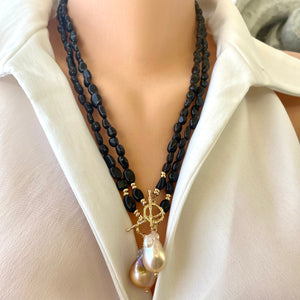 Black Tourmaline & Golden Pink Baroque Pearl Toggle Necklace, Gold Plated, 22" or 23" – Handmade in Canada