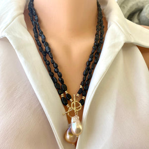 Black Tourmaline and Golden Pink Baroque Pearl Toggle Necklace, Gold Plated, 22" or 23"inches