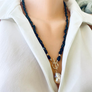 Black Tourmaline & Golden Pink Baroque Pearl Toggle Necklace, Gold Plated, 22" or 23" – Handmade in Canada