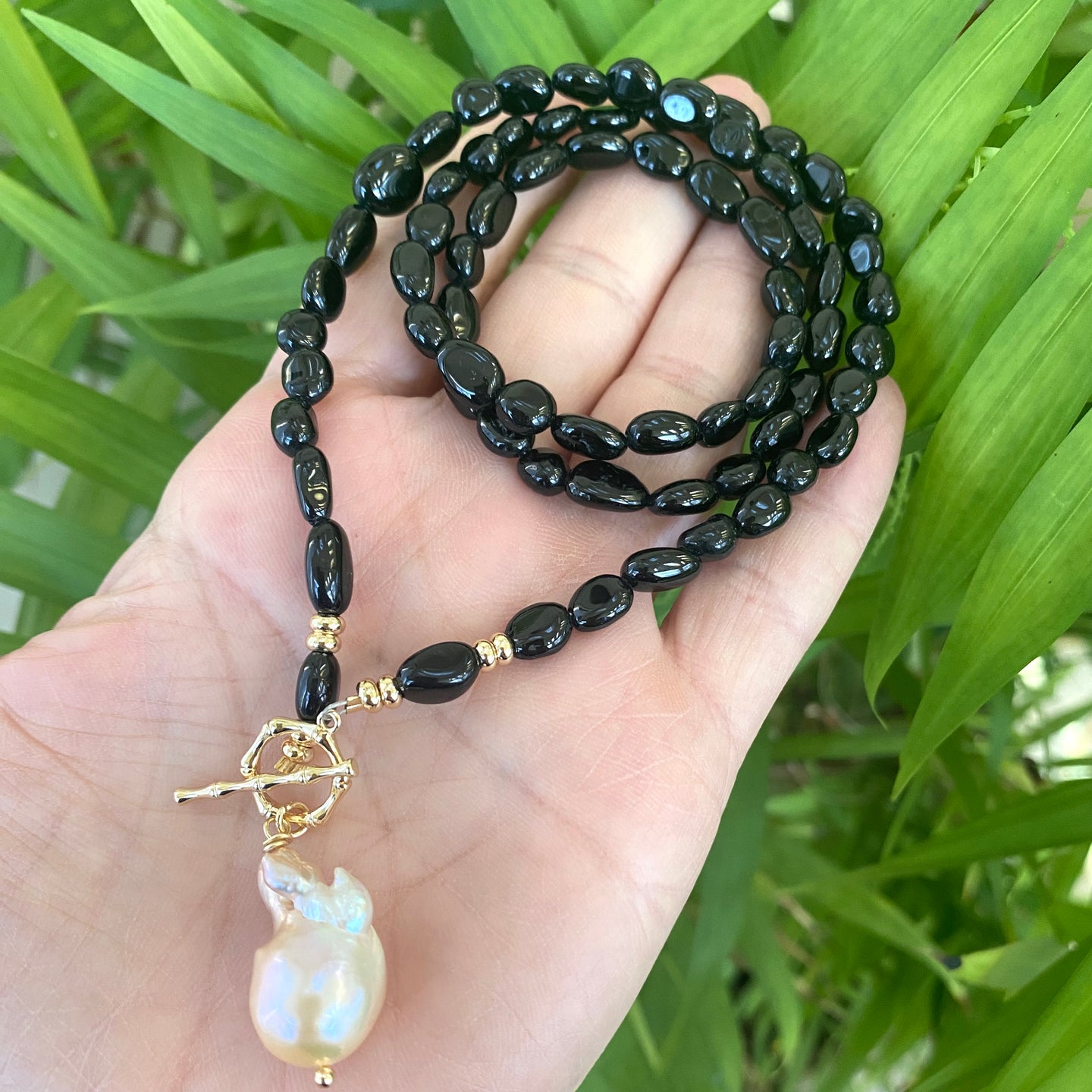 Black Tourmaline & Golden Pink Baroque Pearl Toggle Necklace, Gold Plated, 22