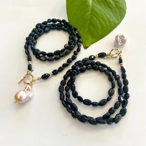 Black Tourmaline & Golden Pink Baroque Pearl Toggle Necklace, Gold Plated, 22" or 23" – Handmade in Canada