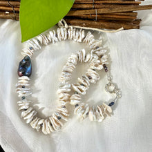 Cargar imagen en el visor de la galería, White Cornflake Pearls Necklace &amp; Black Baroque Pearl, Silver Marine Clasp, 19&quot; – Handmade in Canada
