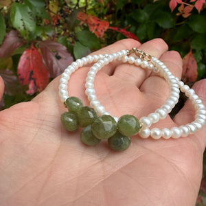 double wrap bracelet, featuring one long strand of lustrous freshwater pearls 4mm accented by stunning olive green Vesuvianite briolettes, gold filled details and lobster clasp