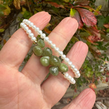 Charger l&#39;image dans la galerie, double wrap bracelet, featuring one long strand of lustrous freshwater pearls 4mm accented by stunning olive green Vesuvianite briolettes, gold filled details and lobster clasp
