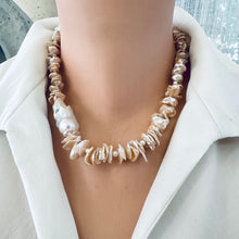 Charger l&#39;image dans la galerie, Freshwater Keshi Pearl Necklace in Peach Color, petal pearls drilled in the center, with White Large Baroque Pearl on the side. Secured with a Sterling Silver marine clasp and measures 18&quot; Inches, approximately 46cm
