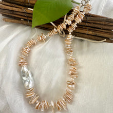 Charger l&#39;image dans la galerie, Freshwater Keshi Pearl Necklace in Peach Color, petal pearls drilled in the center, with White Large Baroque Pearl on the side. Secured with a Sterling Silver marine clasp and measures 18&quot; Inches, approximately 46cm
