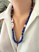 Load image into Gallery viewer, Lapis Lazuli Tube Beads Necklace with Pink Coral &amp; Baroque Pearls, Silver, 24&quot;
