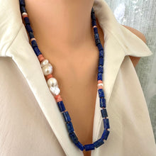 Load image into Gallery viewer, Lapis Lazuli Tube Beads Necklace with Pink Coral &amp; Baroque Pearls, Silver, 24&quot;
