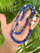 Load image into Gallery viewer, Lapis Lazuli Tube Beads Necklace with Pink Coral &amp; Baroque Pearls, Silver, 24&quot;
