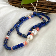 Load image into Gallery viewer, Lapis Lazuli Tube Beads Necklace with Pink Coral &amp; Baroque Pearls, Silver, 24&quot;
