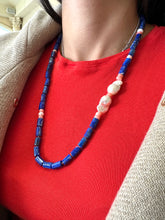 Load image into Gallery viewer, Lapis Lazuli Tube Beads Necklace with Pink Coral &amp; Baroque Pearls, Silver, 24&quot;
