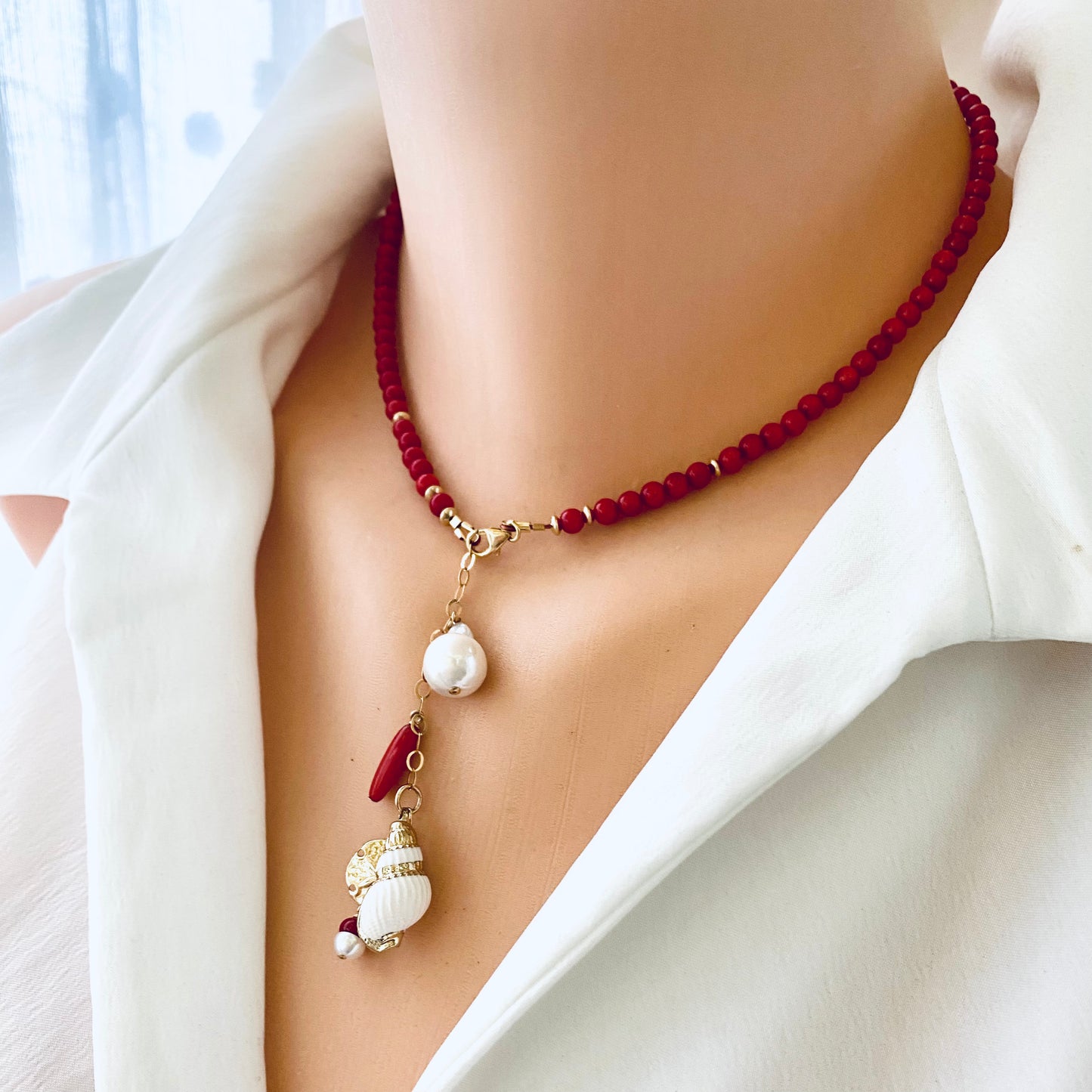Red Coral Necklace with a tiny seashell & Pearl Pendant