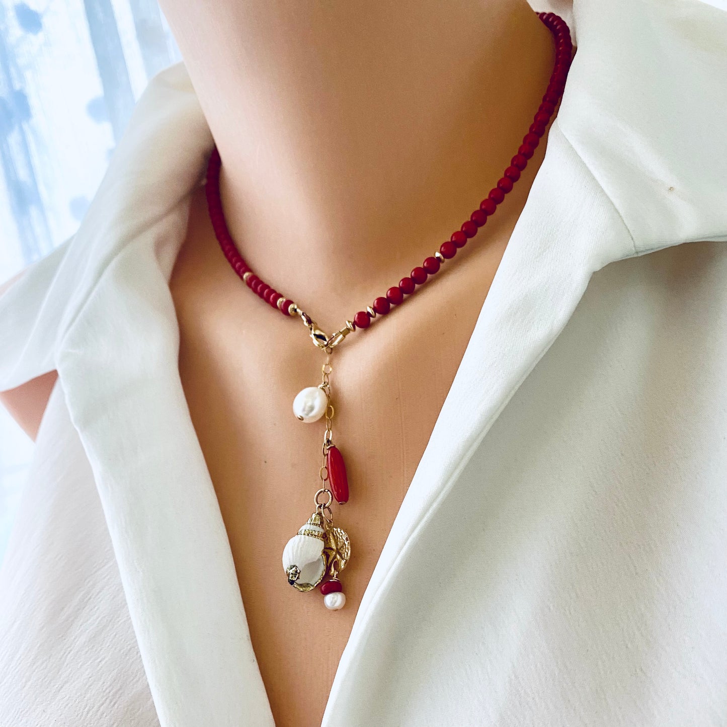 Red Coral Necklace with a tiny seashell & Pearl Pendant