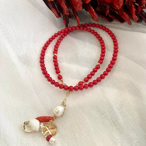 Red Coral Necklace with a tiny sea shell and Pearl Pendant