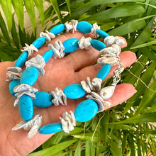 Load image into Gallery viewer, Chunky Turquoise Smooth Oval Beads Necklace with Large Silver Grey Keshi Pearls Sterling Silver Marine Clasp Turquoise &amp; Gray Petal Pearl Statement Necklace. 19.5inches; or 22inches
