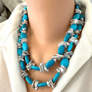 Chunky Turquoise and Silver Grey Keshi Pearl Necklace, Silver, 19.5" or 22"
