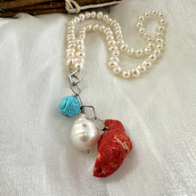 Lade das Bild in den Galerie-Viewer, Hand Knotted Freshwater Pearl Necklace with Baroque Pearl &amp; Red Coral Pendants | Turquoise Charm | Summer Jewelry | Silver Details | 18.5&quot;

