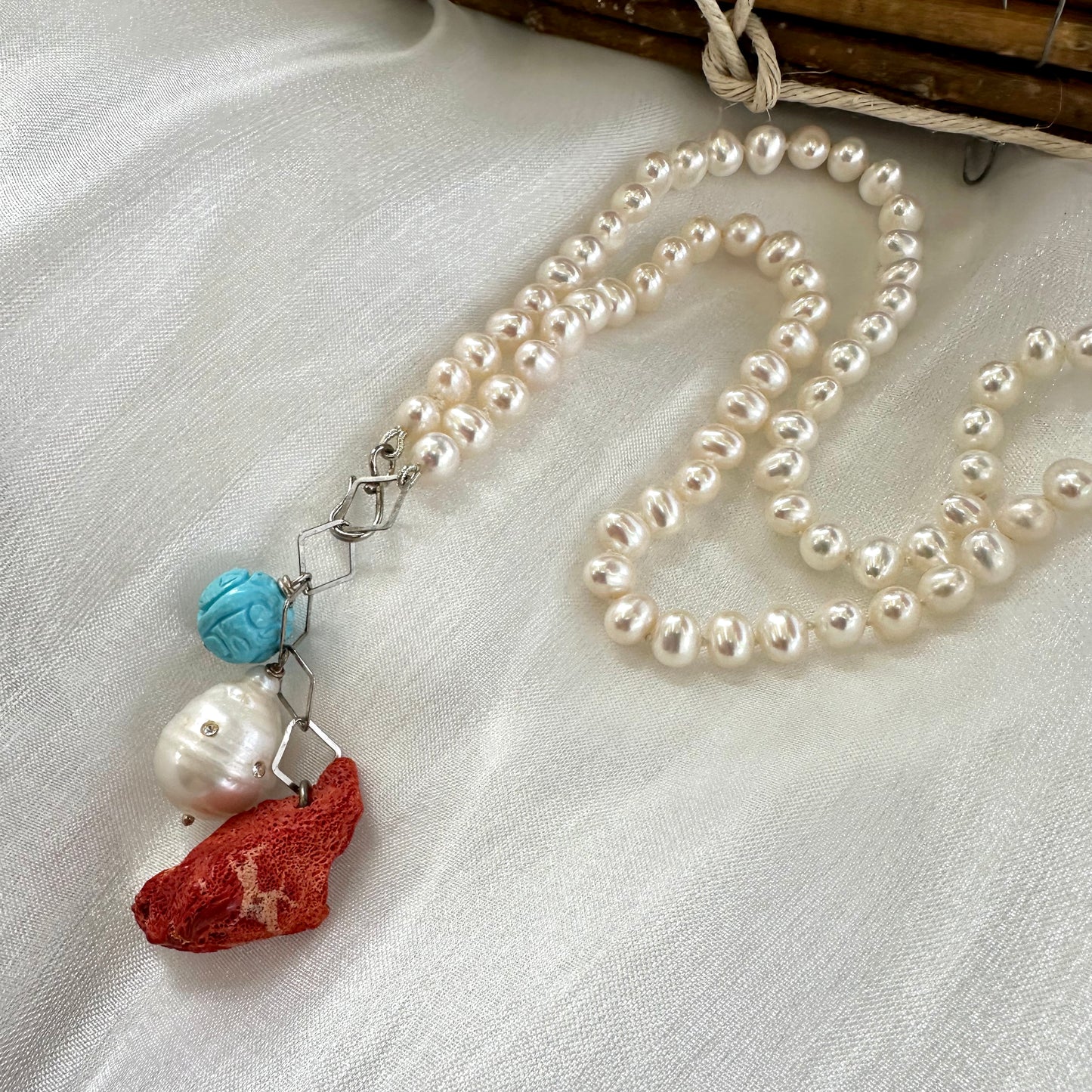 Pearl Necklace with Red Coral Pendant & Turquoise Charm