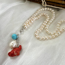 Lade das Bild in den Galerie-Viewer, Hand Knotted Freshwater Pearl Necklace with Baroque Pearl &amp; Red Coral Pendants | Turquoise Charm | Summer Jewelry | Silver Details | 18.5&quot;
