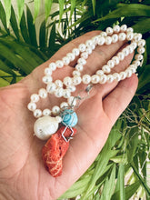 Lade das Bild in den Galerie-Viewer, Hand Knotted Freshwater Pearl Necklace with Baroque Pearl &amp; Red Coral Pendants | Turquoise Charm | Summer Jewelry | Silver Details | 18.5&quot;
