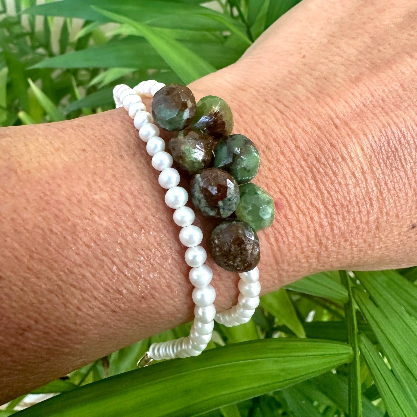 Bracelet double tour en perles et chrysoprase verte, 14 carats GF