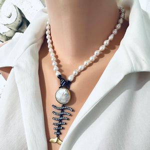 Small White Baroque Pearl Necklace, Removable Fishbone Pendant, 17.5"