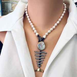 Small White Baroque Pearl Necklace, Removable Fishbone Pendant, 17.5"