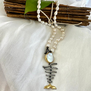 Small White Baroque Pearl Necklace, Removable Fishbone Pendant, 17.5"