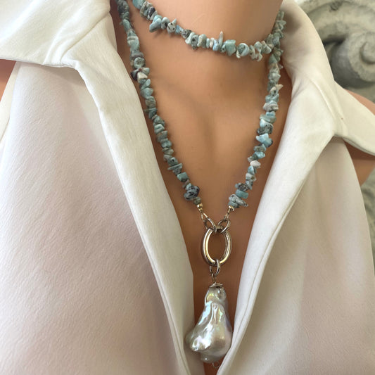 Larimar necklace with pearl pendant worn on model, long larimar strand with extra large baroque pearl