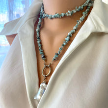 Carica l&#39;immagine nel visualizzatore di Gallery, Long Larimar Necklace with an Extra Large Fresh Water Baroque Pearl Pendant
