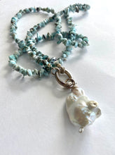 Load image into Gallery viewer, Long Larimar Necklace with an Extra Large Fresh Water Baroque Pearl Pendant
