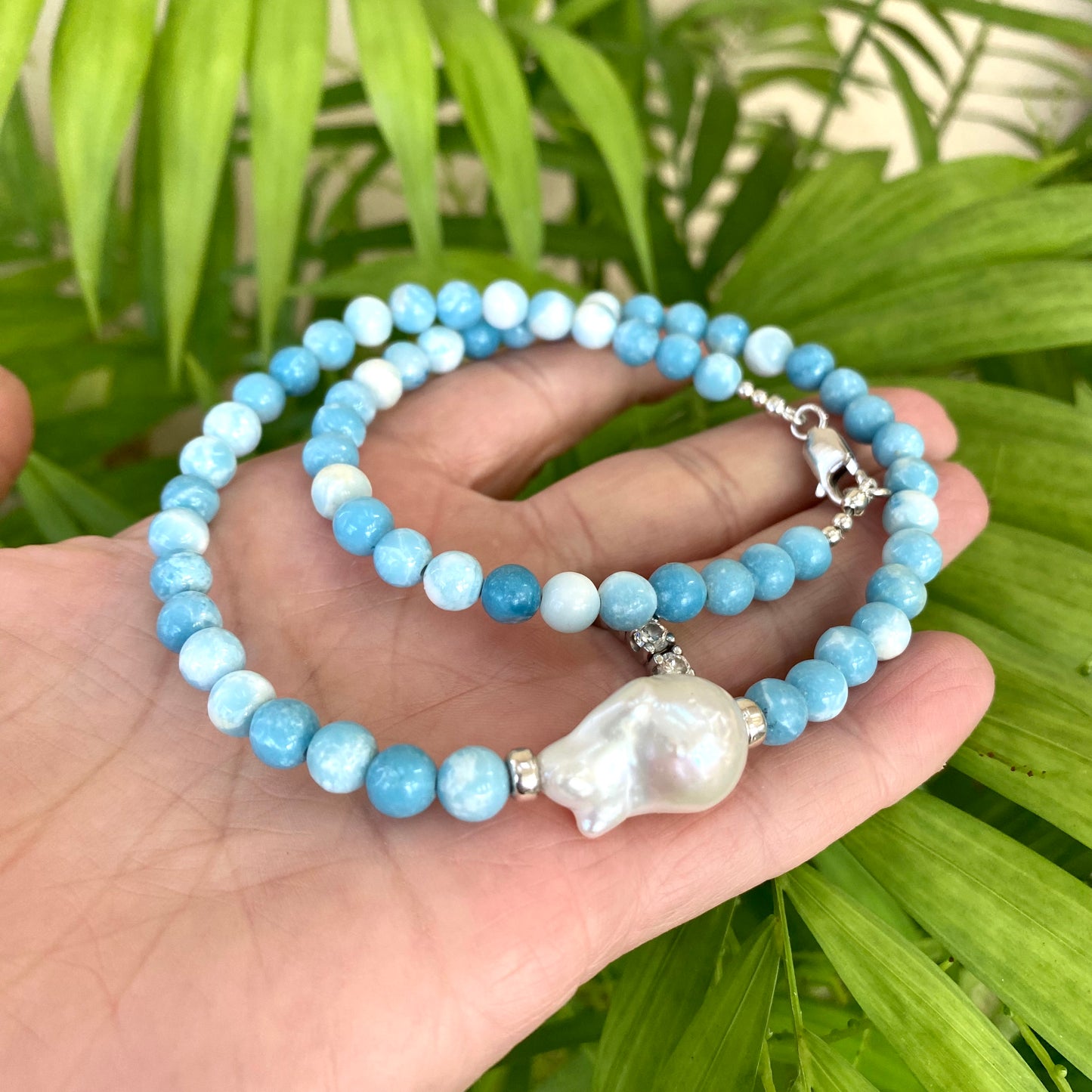 Larimar Like Quartz & Baroque Pearl Necklace