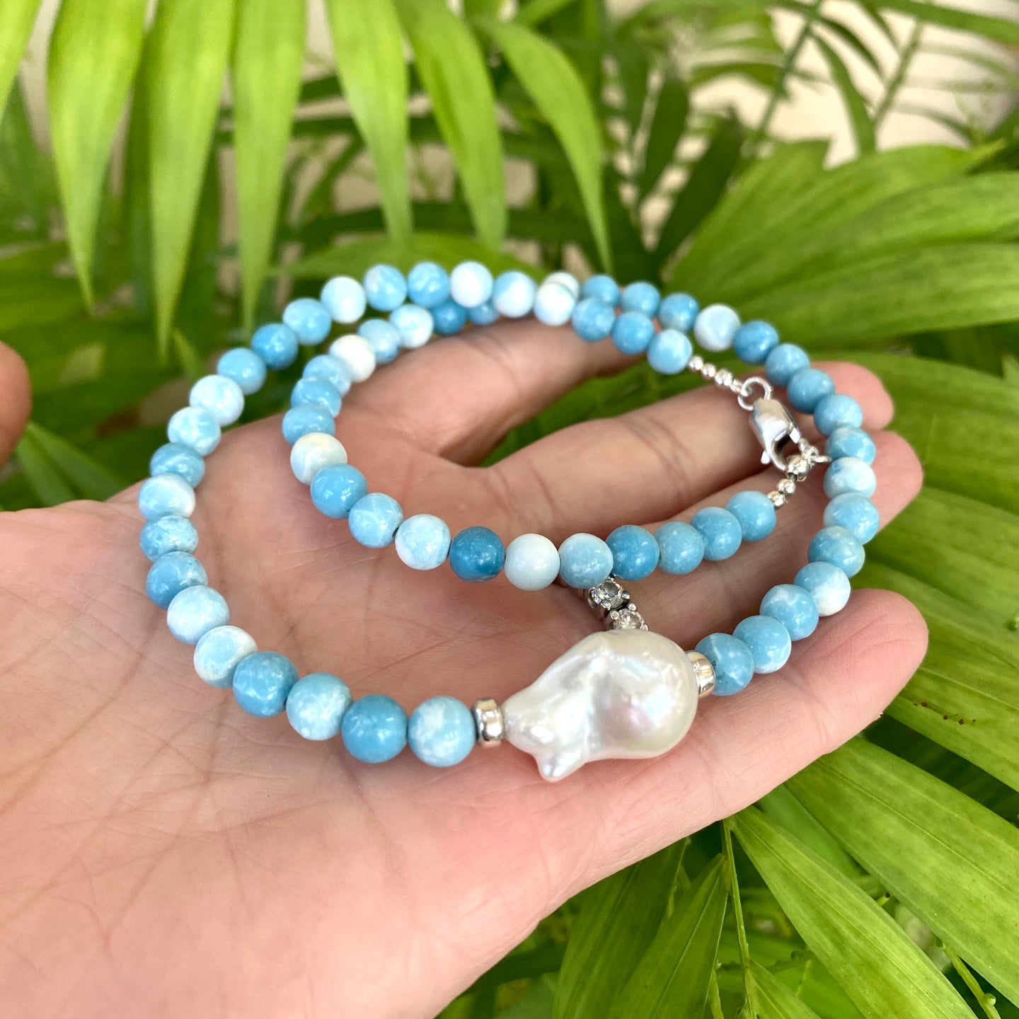 Larimar Quartz and Freshwater Baroque Pearl Beaded Necklace, Sterling Silver, 17.5