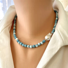 Charger l&#39;image dans la galerie, Larimar Quartz and Freshwater Baroque Pearl Beaded Necklace, Sterling Silver, 17.5&quot;inches
