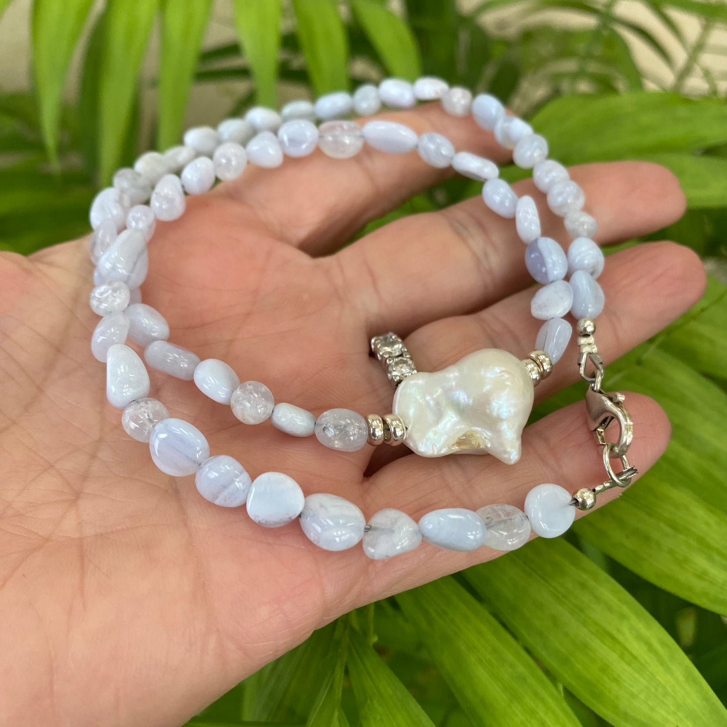 Blue lace agate pearl necklace handmade in Canada with baroque pearl centerpiece