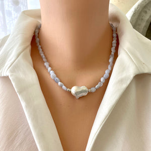 Blue Lace Agate & Baroque Pearl Necklace, Sterling Silver, 18"inches