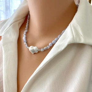 Blue Lace Agate & Baroque Pearl Necklace, Sterling Silver, 18"inches 