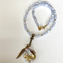 Cargar imagen en el visor de la galería, Blue Lace Agate and Baroque Keshi Pearl Pendant with Artisan Gold Bronze
