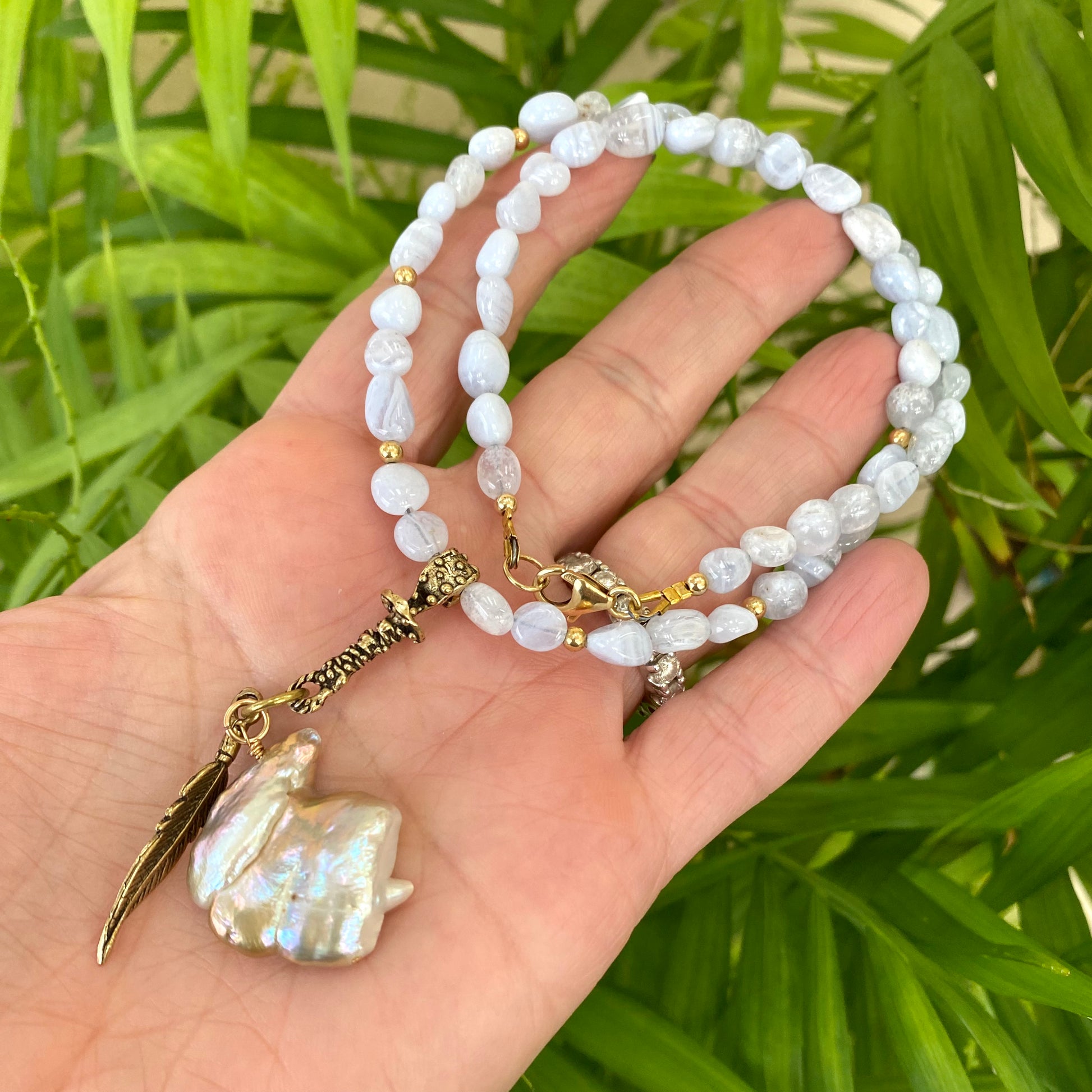 Blue lace agate pearl necklace with baroque agate beads and keshi pearl pendant handmade in Canada