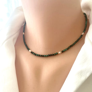 Green Malachite & Freshwater Pearls Choker Necklace, Gold Filled, 15+1"Inch